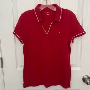 Tommy Hilfiger red v-neck polo shirt.